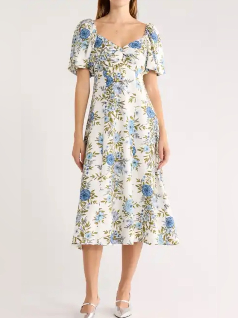 Avec Les Filles White Midi Dress with Blue Floral Print Twist Bodice Midi 4